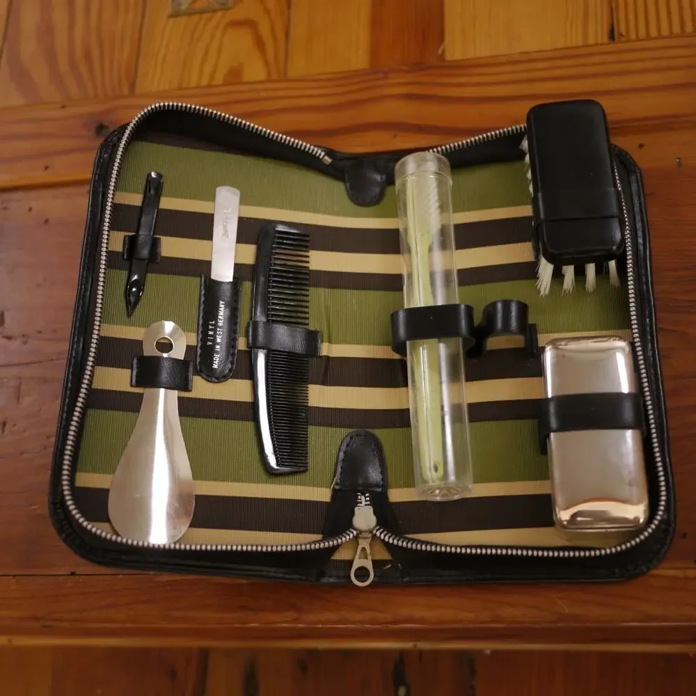 Vtg Black Faux Leather Vinyl West Germany Mens Toiletry Grooming Set w/ Contents